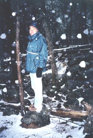 2002-03-13 4 Adrian in the snow at the Bridal Veil Falls, Yosemite, California